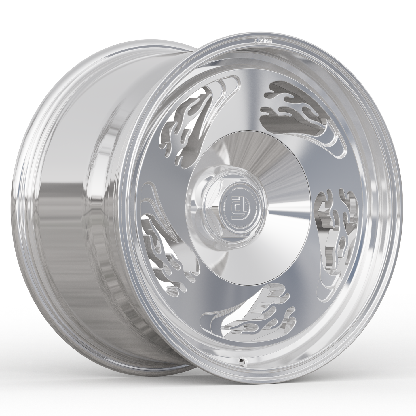 Silver alloy wheel with flame pattern and reflective finish on a white background