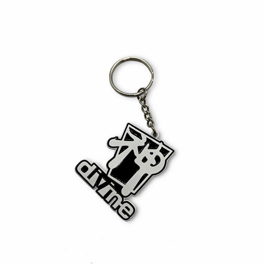 A black and white metal keychain with the word 'DIVINE' inscribed on it.