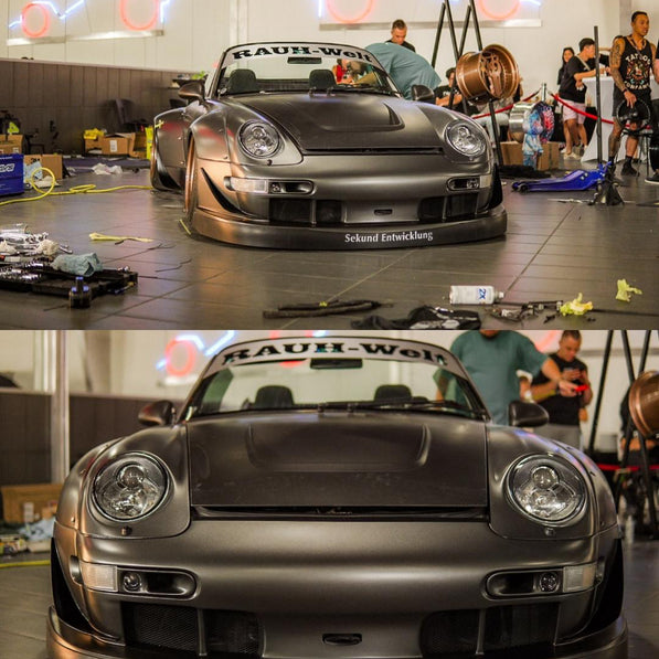 Two views of a modified car in a garage with 'Rauf-Welt' branding.