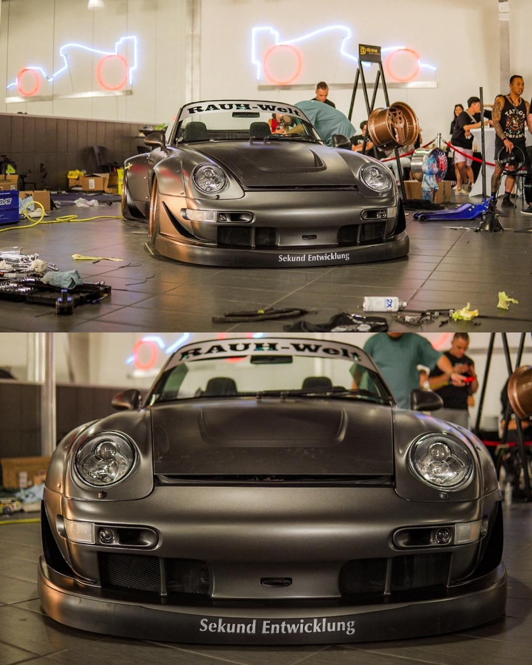 Two views of a modified car in a garage with 'Rauf-Welt' branding.