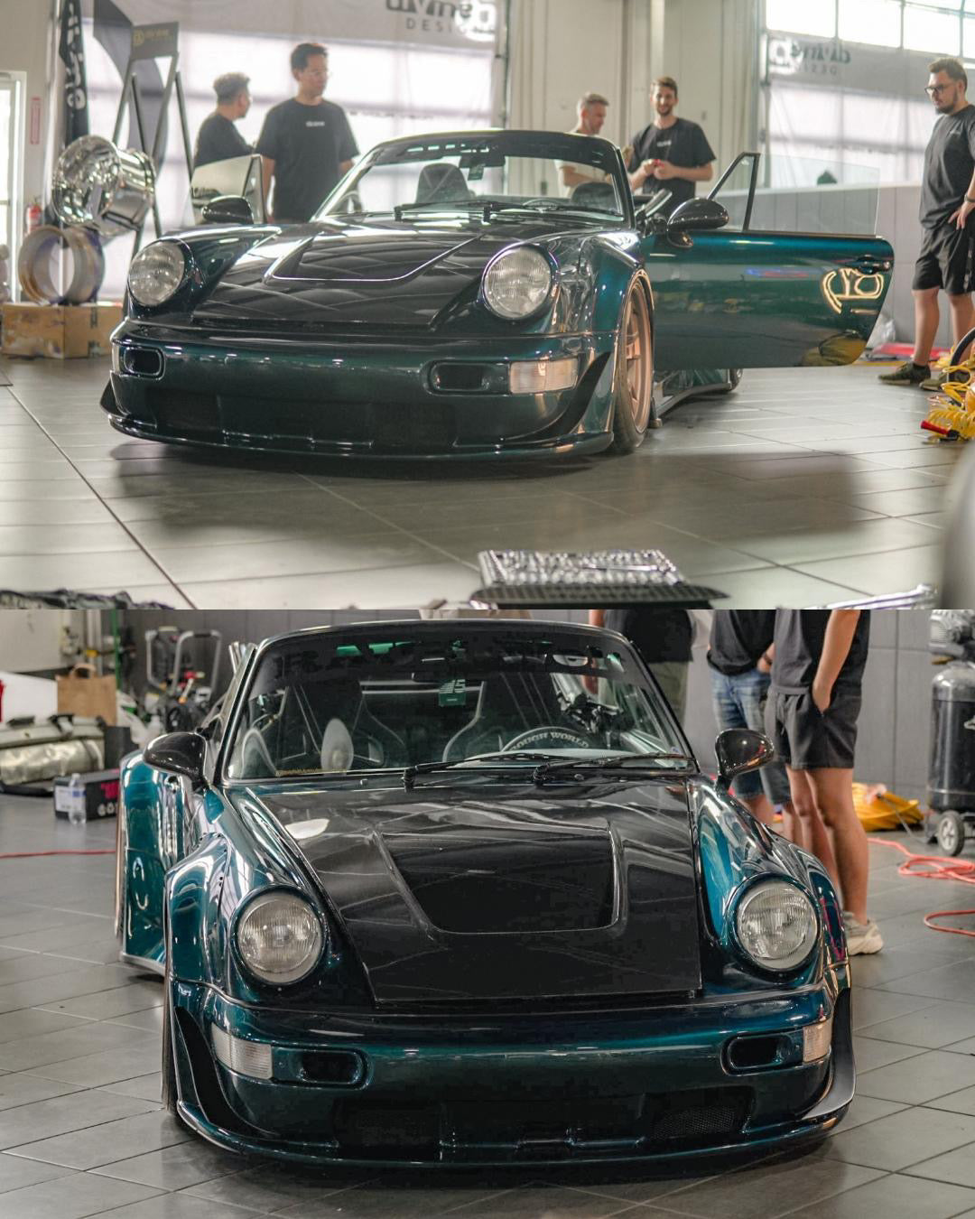 Two views of a green sports car in a garage with people around.