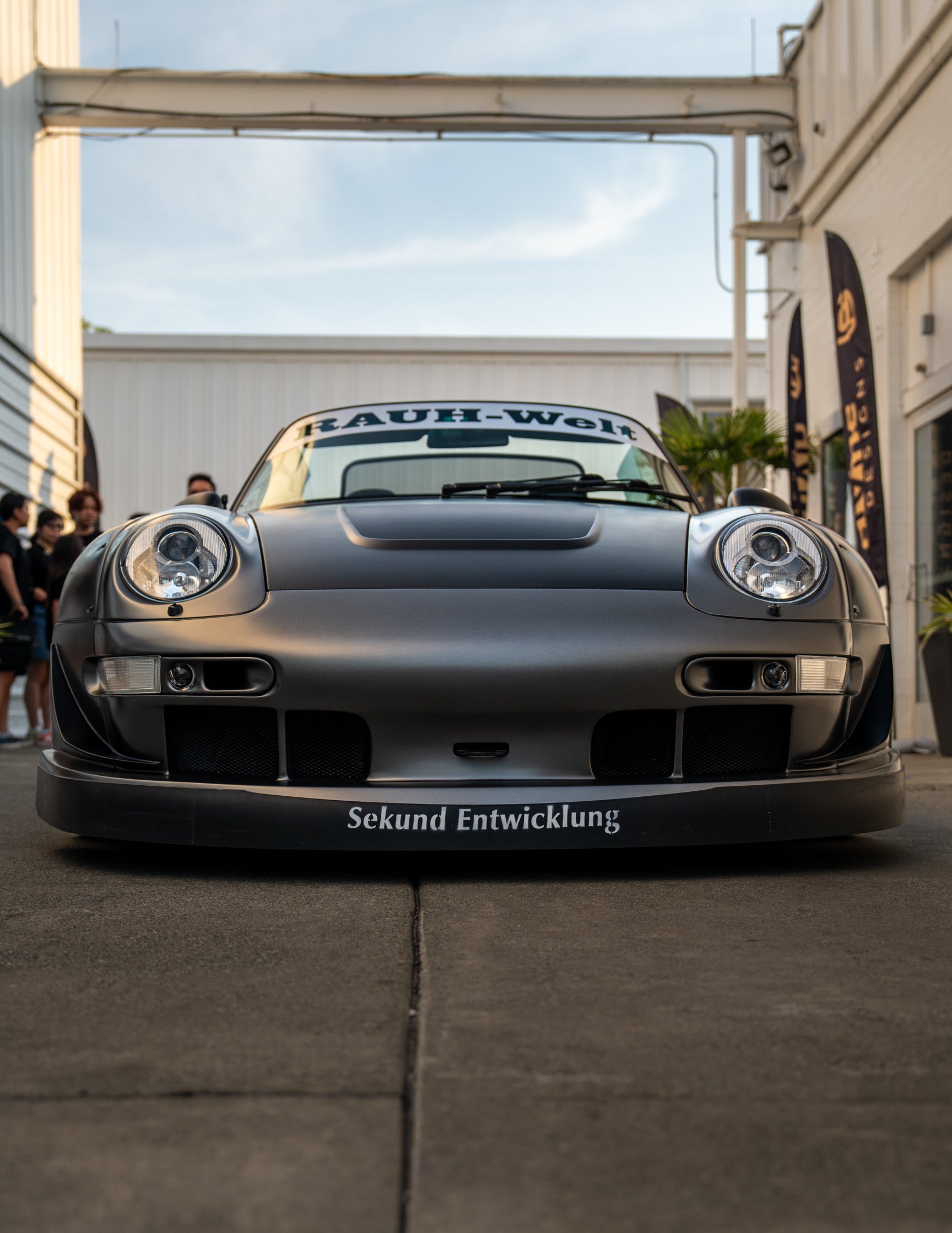 Front view of a Porsche Rauh-Welt Begriff car with visible branding.