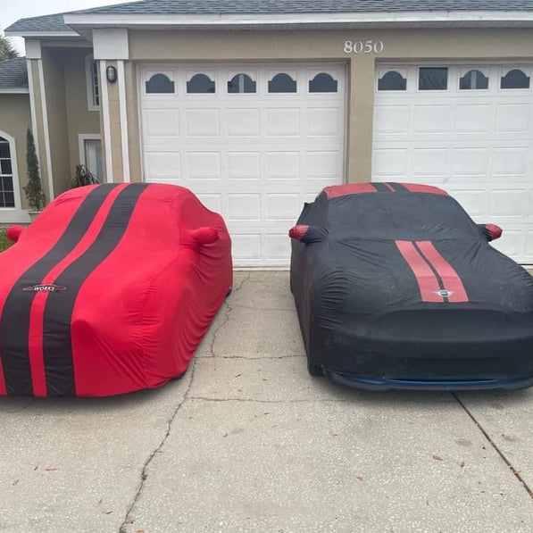 Two Ford Mustangs with custom covers