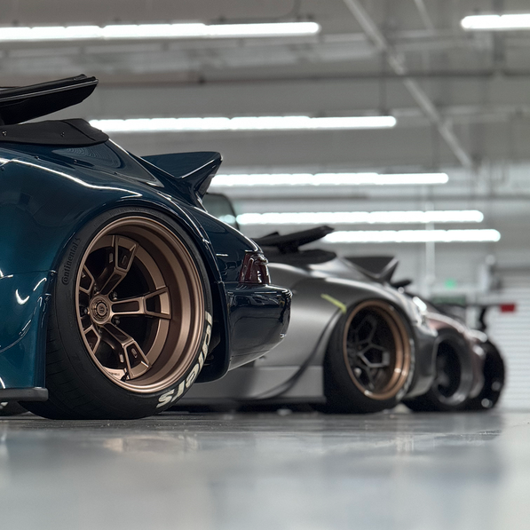 Row of high-performance cars in a garage