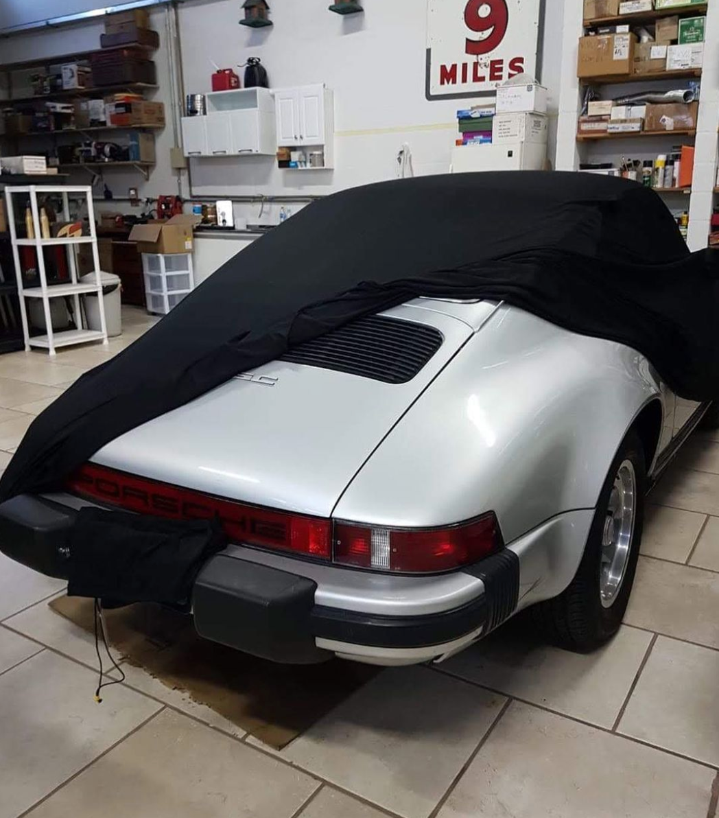 Porsche custom car cover in garage