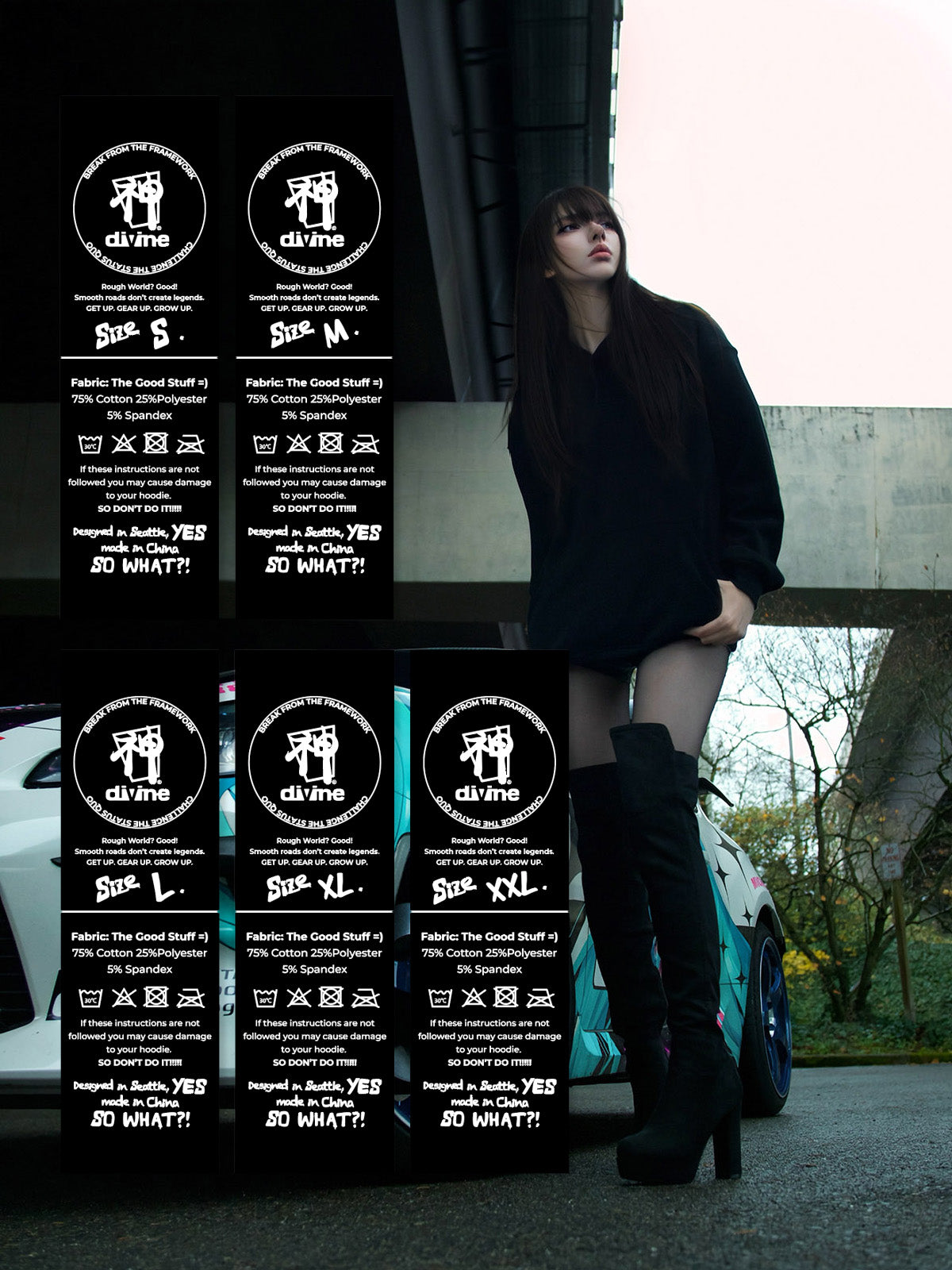 Woman standing next to a car with 'divine' product packaging displayed.