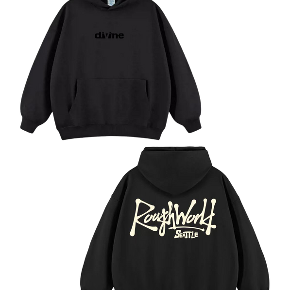 Black hoodie with 'divine' text on front and 'Rough World Seattle' on back, on a white background