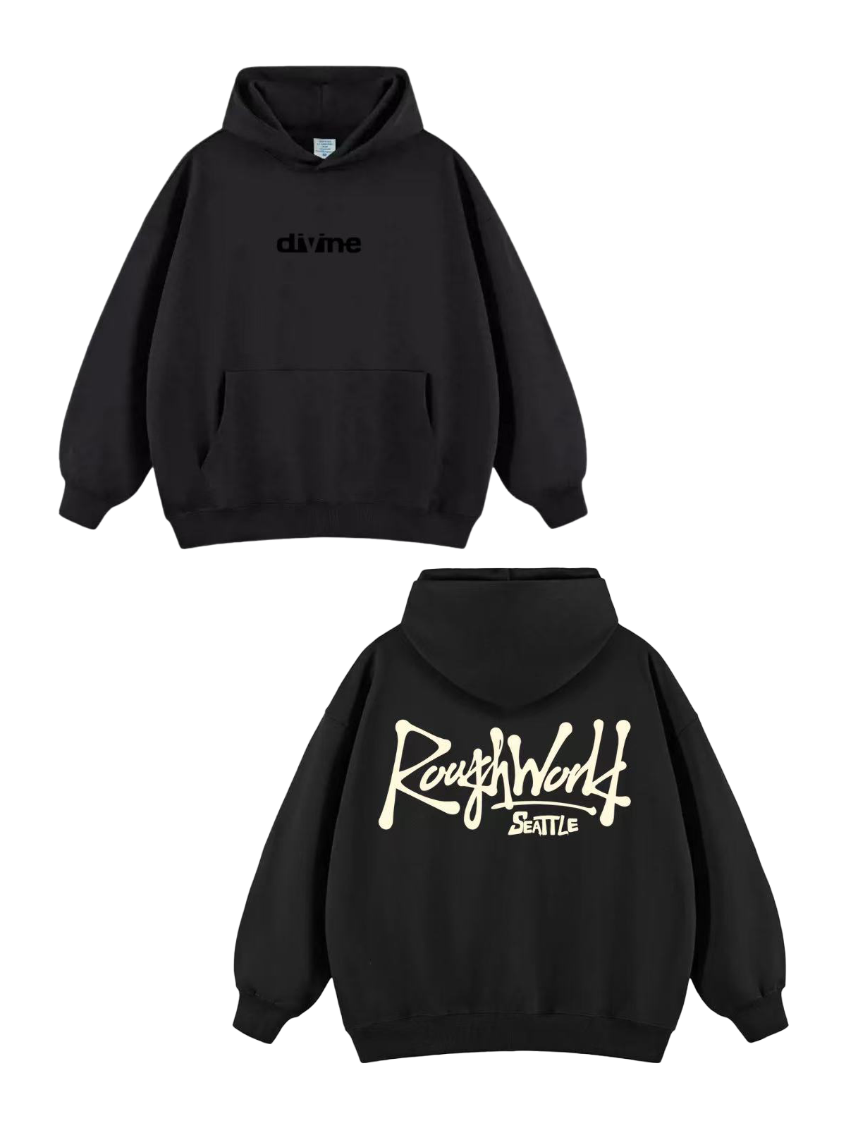 Black hoodie with 'divine' text on front and 'Rough World Seattle' on back, on a white background