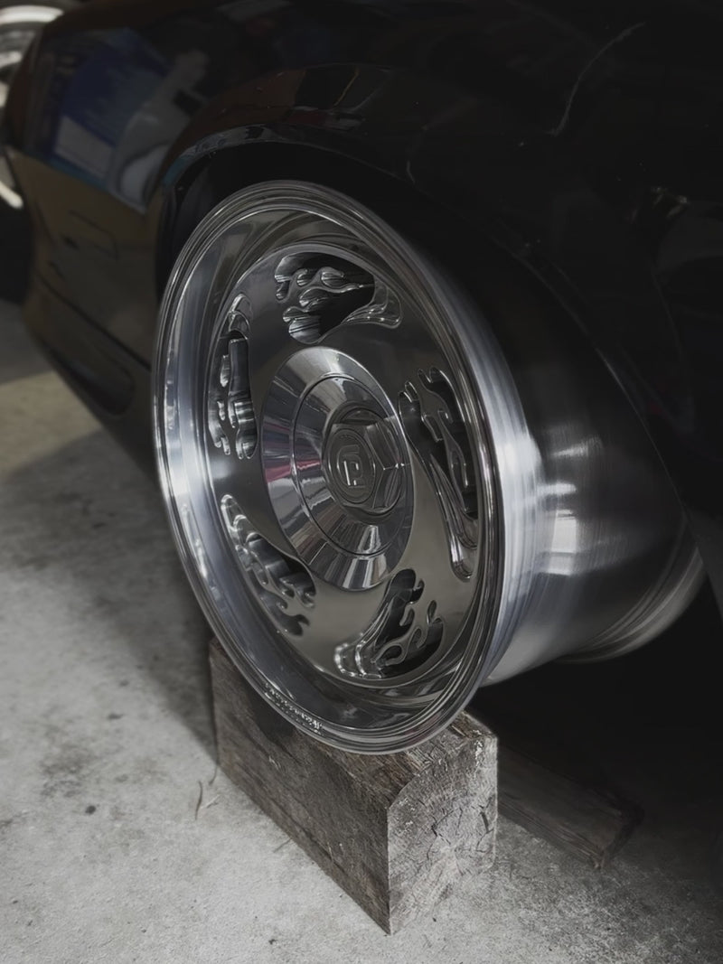 Video of monoblock car wheel with retro flame pattern